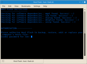 Authorize Host Flash to edit the hosts file. Host Flash performs all work in a temporary directory. Sudo permission is required only for installing the rebuilt hosts file.
