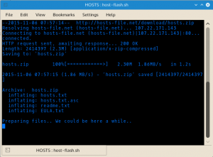 Host Flash reports its activity as it compiles the new hosts file. Activity is displayed on screen and logged to a run.log file stored in the Hosts Flash directory.